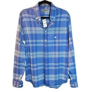 NWT Express Mens Blue Plaid Fitted Button Down Dress Shirt Size Medium NWT